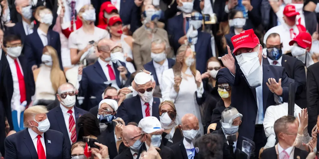 Image similar to trump, taking off plague mask