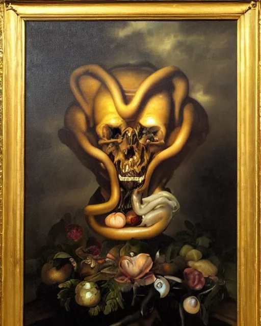 Image similar to refined gorgeous masterwork oil painting with black background by christian rex van minnen rachel ruysch dali todd schorr of a chiaroscuro portrait of an extremely bizarre disturbing mutated man with shiny skin acne dutch golden age vanitas intense chiaroscuro cast shadows obscuring features dramatic lighting perfect composition masterpiece