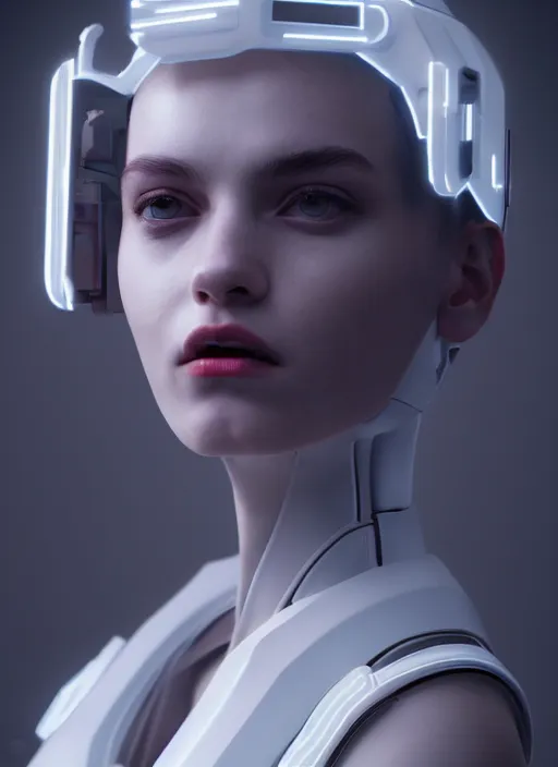 Image similar to white one cast futuristic biomechanics futuristic humanoid, pretty face, beautiful female, futuristic, neon lights, cyberpunk, 8 k, digital painting, by beeple and makoto shinkai, trending on cg society, glamour pose, high fashion, photorealistic, hyper realistic, environmental portrait, ambient occlusion render