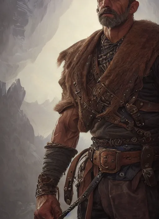 Image similar to portrait of a ruggedly handsome ranger, hands details, muscular, full body, leather, hairy, d & d, fantasy, intricate, elegant, highly detailed, digital painting, artstation, concept art, smooth, sharp focus, illustration, art by artgerm and greg rutkowski and alphonse mucha