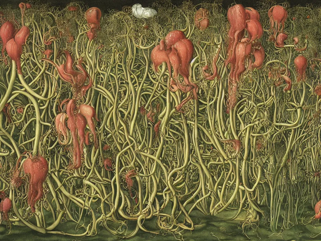 Prompt: Artist lost among carnivorous plants. Thunderstorm afar. Painting by Lucas Cranach, Walton Ford