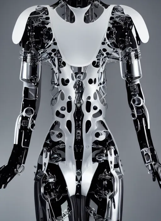 Image similar to Close upper body shot. Artistically angled subject. Professional studio portrait lighting. Technological fashion photography. Mechanical cybernetic suit designed by Ikeuchi Hiroto. Wearable design. Hydraulics. Reflective domes. Intricate tech. Formfitting. Bulky wearables. Receiver Antennae.