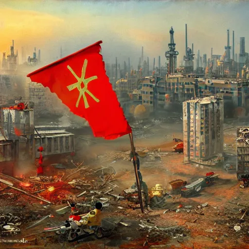 Prompt: a lego toy with red flag in a post-apocalyptic soviet city, oil on canvas, by ivan shishkin