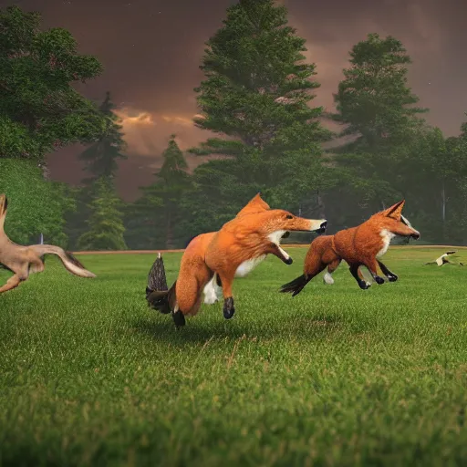 Prompt: Four eagles chasing a fox in a park, photorealistic, unreal engine