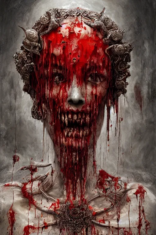 Prompt: a hiper intricate oil portrait of a ghost godess eating blood, ornate bone headpiece, excelent composition, wide shot, by zdzislaw beksinski, intricate, horror atmosphere, unreal engine 5 highly rendered, global illumination