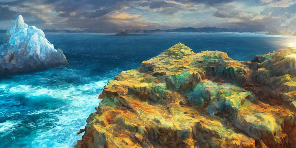 Image similar to salt covered islands surrounded by sheer colourful quartz cliffs, illustration, bright sunlight, sun glints, sunrays, digital art, oil painting, fantasy, 8 k, trending on artstation, detailed