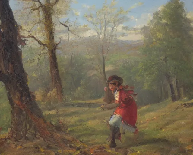 Prompt: landscape portrait of a girl chopping a hickory tree with an axe, autumn mountains, original oil on canvas painting by william sydney mount, trending on artstation