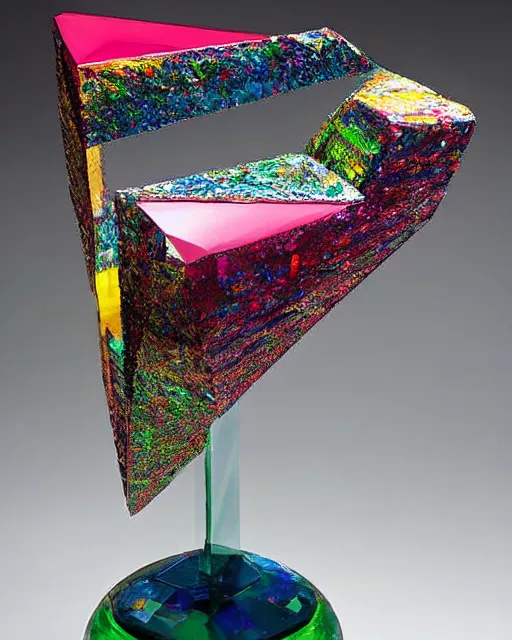 Prompt: a multicolored object sitting on top of a table, an abstract sculpture by john chamberlain, trending on pinterest, crystal cubism, angular, made of crystals, iridescent