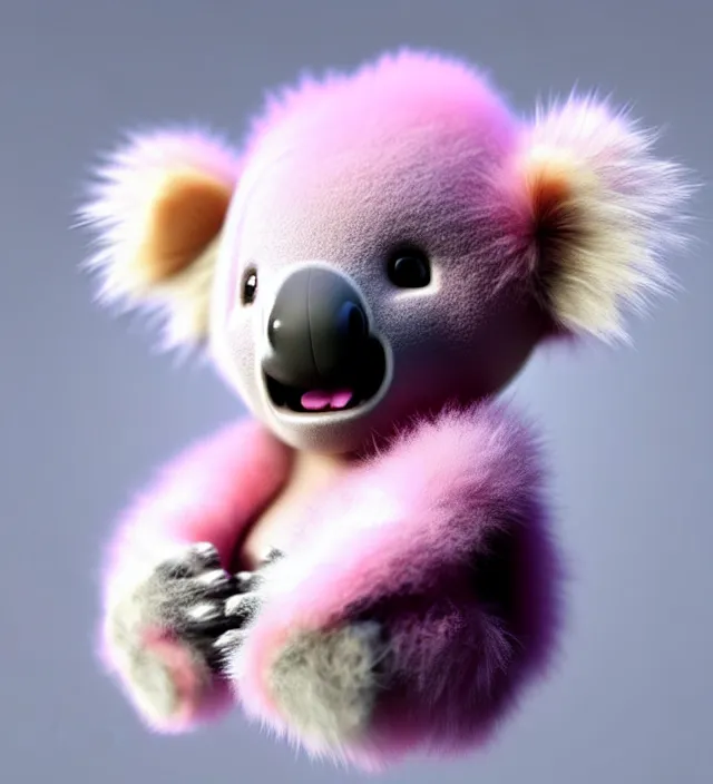 Image similar to high quality 3 d render hyperrealistic very cute small pink koala smoking weed joint, rising smoke, plush mascot, short spiky dense fluffy smooth hair, photo from the side, pink fluffy fur, 1 5 0 mm, beautiful natural soft light, rim light, vray, smooth background, artstation, ultra detailed