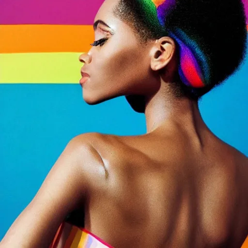 Prompt: editorial fashion photography of high flat - top afro hairstyle, adorned with rainbows