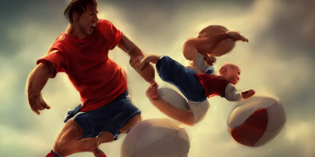 Prompt: a man kicking a baby like a football, detailed digital art, trending on Artstation