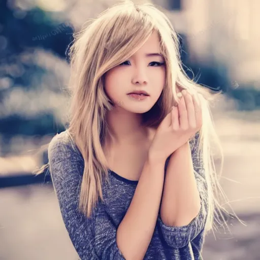 Image similar to girlfriend European mixed with Asian beautiful gorgeous, cute dazzling eyes, shy, blonde hair, wearing camisoles