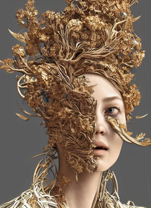 Image similar to sculpture made of wood, portrait, female, tree, future, shaman, harper's bazaar, vogue, magazine, insanely detailed and intricate, concept art, close up, ornate, luxury, elite, elegant, trending on artstation, by ruan jia, by Kenneth Willardt, by ross tran, by WLOP, by Andrei Riabovitchev,