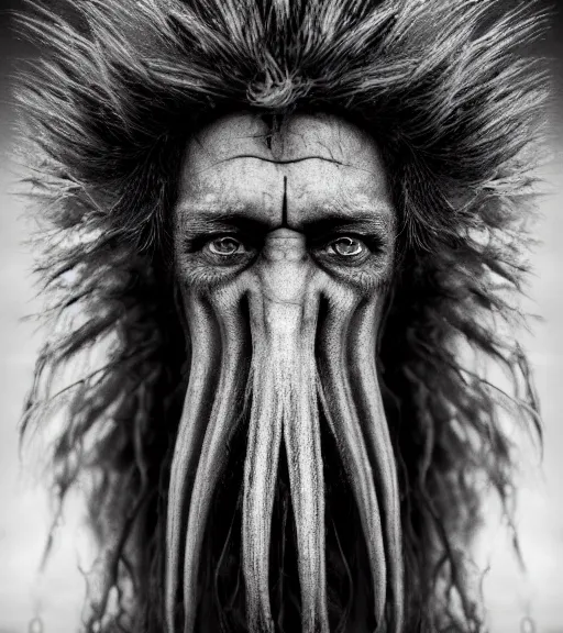 Prompt: Award winning Editorial photograph of Early-medieval Scandinavian Folk monsters with incredible hair and beautiful hyper-detailed eyes by Lee Jeffries, 85mm ND 4, perfect lighting, wearing traditional garb, With Huge Tusks, gelatin silver process