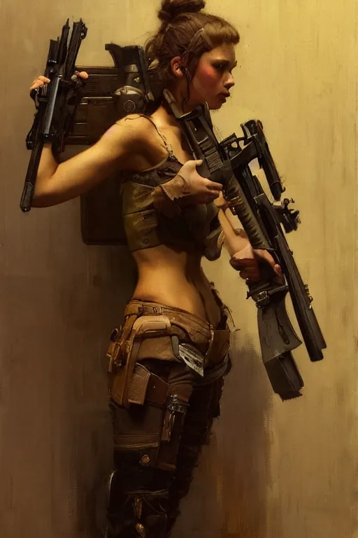 Image similar to portrait max mad cyberpunk, girl with a rifle character design, painting by gaston bussiere, katsuya terada, nc wyeth, greg rutkowski, craig mullins, vermeer, frank frazetta, tom of finland, trending on artstation, jeffery catherine jones