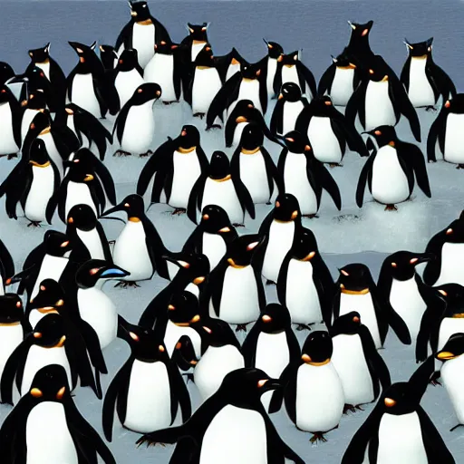 Prompt: Convention of penguins by Yoshita Amano