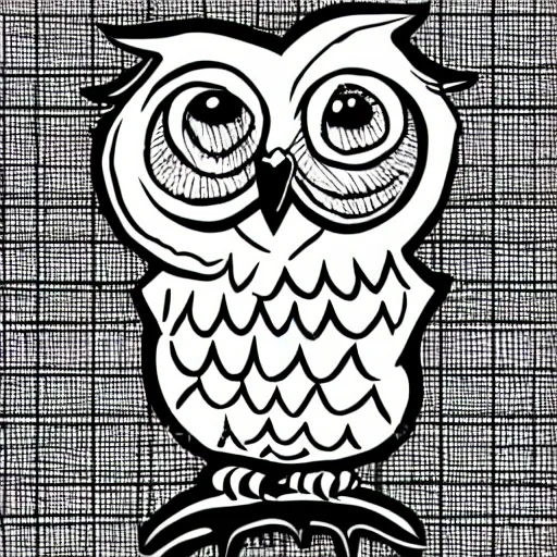 Prompt: wise funny owl walking in a comic cartoon style, black and white line art in the style of charles schulz