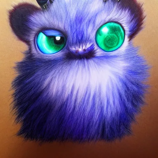 Image similar to A realistic drawing of a blue fuzzy monster with purple horns and one big cute eye