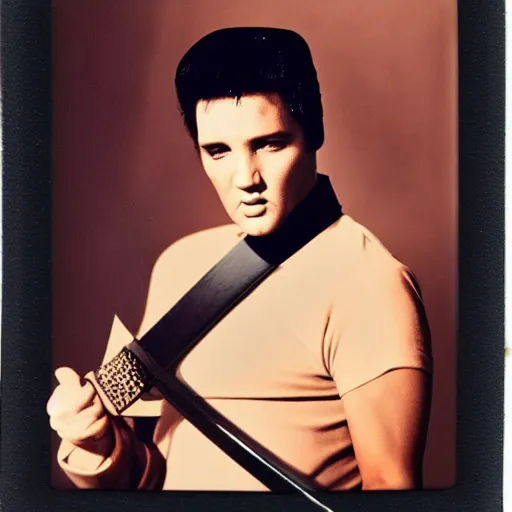 Image similar to elvis presley holding a katana, color Polaroid,