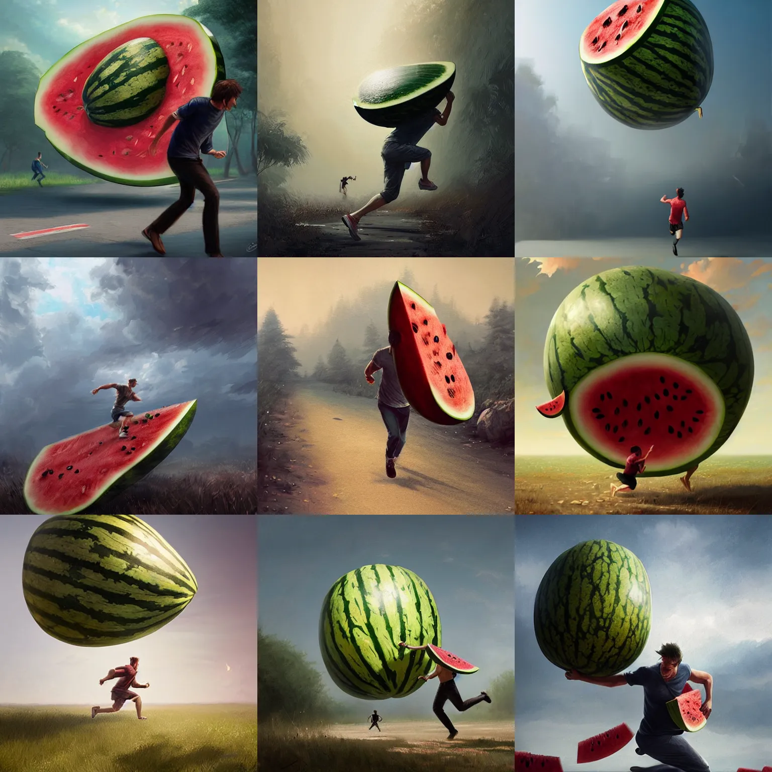 Prompt: a man running away from a giant watermelon,digital art,ultra realistic,ultra detailed,art by greg rutkowski