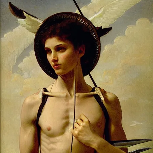 Image similar to portrait of a skeleton archer with big sword, wearing helmets and armor with wings, symmetrical, solemn, sacred, aura, by bouguereau