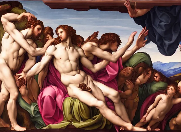 Image similar to Evelyn De Morgan, michelangelo's The Creation of Adam masterpiece, highly detailed, beautiful, epic lighting, wide angle, trending on ArtStation, ultra realistic