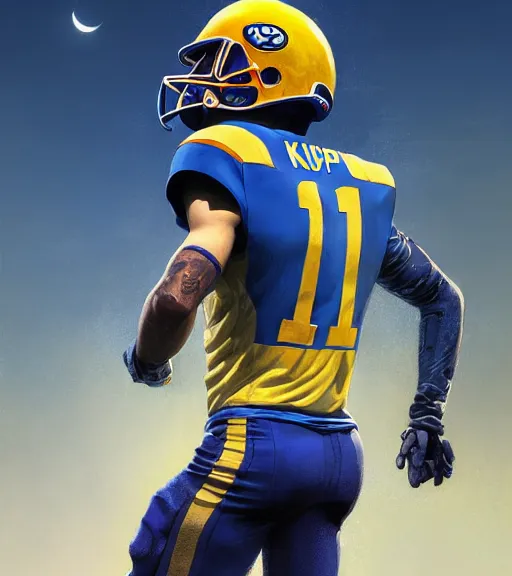 Image similar to highly detailed portrait of cooper kupp, # 1 0 football jersey blue and yellow, unreal engine, fantasy art by greg rutkowski, loish, rhads, ferdinand knab, makoto shinkai and lois van baarle, ilya kuvshinov, rossdraws, tom bagshaw, global illumination, radiant light, detailed and intricate environment