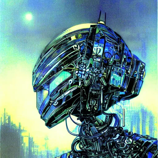 Image similar to simple concept art portrait of an intricately designed defense robot. an award winning yoshitaka amano poster. a masterpiece by james gurney. deep color.