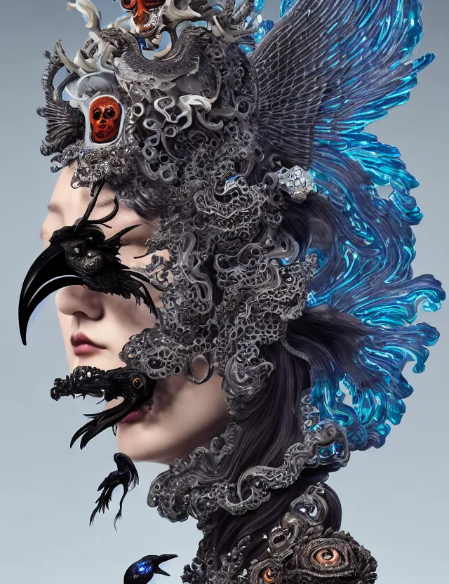 Image similar to 3 d goddess of death close - up profile portrait with ram skull. beautiful intricately detailed japanese crow kitsune mask and clasical japanese kimono. betta fish, jellyfish phoenix, bio luminescent, plasma, ice, water, wind, creature, artwork by tooth wu and wlop and beeple and greg rutkowski