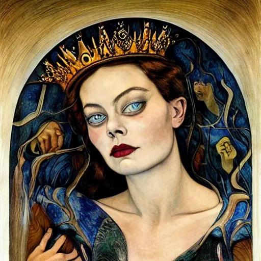 Image similar to weeping Margot Robbie wearing the bone crown, by Annie Swynnerton and Diego Rivera and Evelyn De Morgan, symbolist, dramatic lighting, elaborate geometric ornament, Art Brut ,god rays, soft cool colors,smooth, sharp focus, extremely detailed, Adolf Wölfli