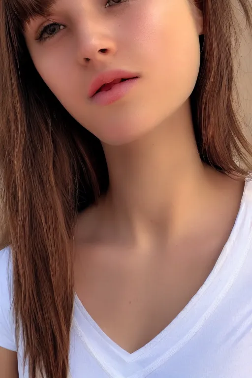 Image similar to 2 4 year old female neck model, wearing white v - neck top, zoomed in, photo realistic, extreme detail skin, no filter, slr, golden hour, 4 k, high definition, photograph, selfie