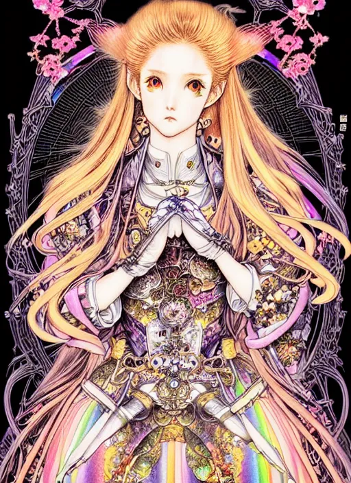 Image similar to highly detailed terada katsuya ayami kojima atrstation manga poster of princess mechine, rainbow gradient reflection, cute face by artgerm, art nouveau, long hair, armor, dress, laces, ruffles, 8 k, maximalist, golden ratio, jump comics