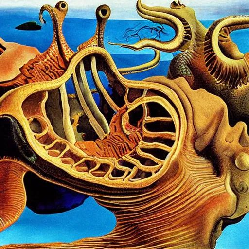 Prompt: Cambrian sea creatures painting by Salvador Dali