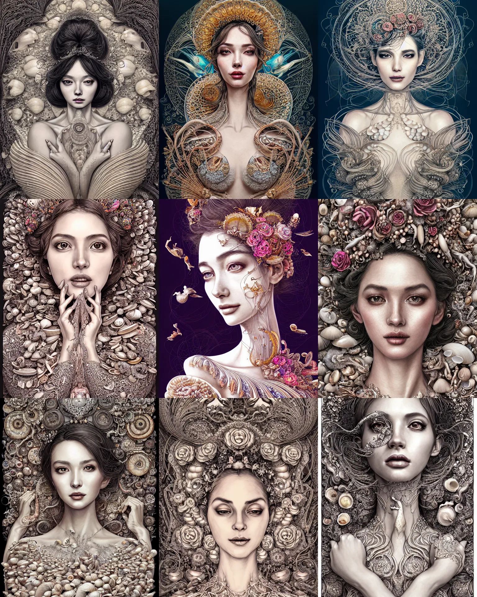 Prompt: the portrait of an absurdly beautiful, graceful, elegant, and perky woman made of shells, an ultrafine detailed illustration by vania zouravliov, rossdraws, irakli nadar, intricate linework, bright colors, final fantasy, behance contest winner, angular, unreal engine 5 highly rendered, global illumination, radiant light, detailed and intricate environment