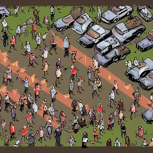 Image similar to a search and find illustration of a zombie horde and surrounded survivors of a zombie apocalypse, isometric view, digital art, illustration