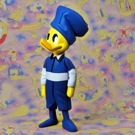 Image similar to alan turing cosplay donald duck, stop motion vinyl action figure, plastic, toy, very reflective, aaron horkey style