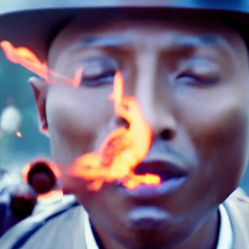 Image similar to cinematic film still Pharrell Williams starring as a Samurai holding fire, Japanese CGI, VFX, 2003, 40mm lens, shallow depth of field,film photography