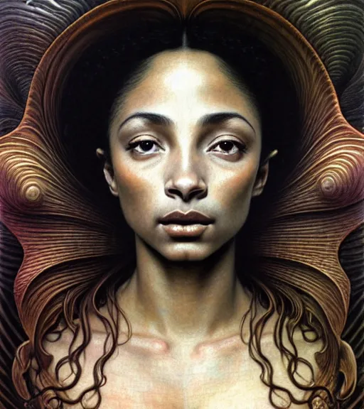 Image similar to detailed realistic beautiful young sade adu face portrait by jean delville, gustave dore and marco mazzoni, art nouveau, symbolist, visionary, baroque, intricate. horizontal symmetry by zdzisław beksinski, iris van herpen, raymond swanland and alphonse mucha. highly detailed, hyper - real, beautiful
