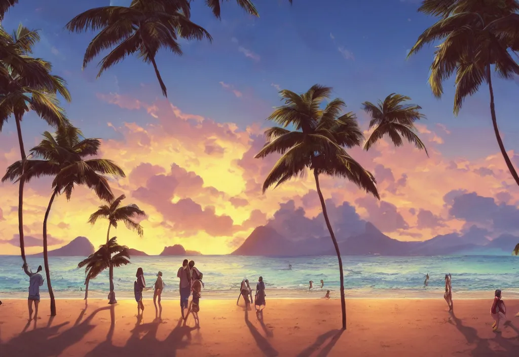 Prompt: A highly detailed matte painting of a sunrise at a beautiful beach with palm trees and sea, people in Hawaiian shirts with big cocktails, sunrise, palmtrees by Studio Ghibli, Makoto Shinkai, by Artgerm, by WLOP, by Greg Rutkowski, volumetric lighting, cyberpunk, octane render, 4K resolution, trending on artstation, masterpiece