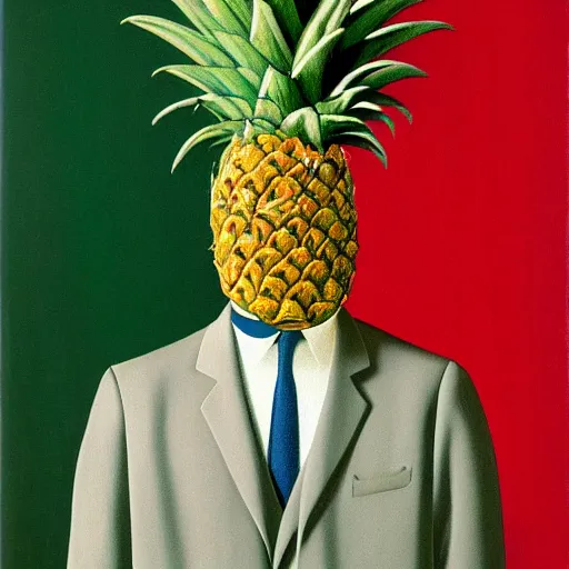 Image similar to portrait of a man in a suit with a pineapple in front of his face, painting by rene magritte, high detail, high resolution