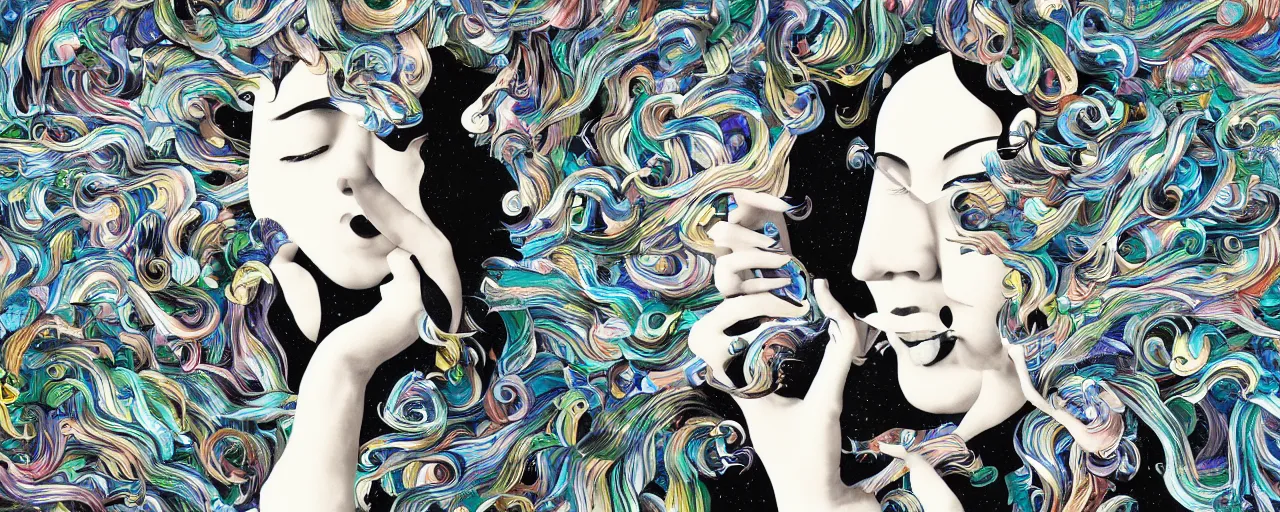 Image similar to musical goddess performing in Misono Universe, surrealist psychedelic collage painting in the style of Magritte, artgerm, Yoshio Awazu, 3d render, artstation trending, black and white, detailed penwork