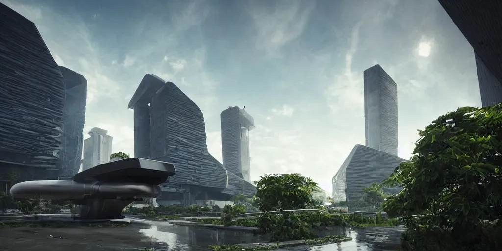 Image similar to futuristic spaceship, on the background brutalist architecture by Le Corbusier, abandoned buildings, empty streetscapes, surrounded by lush green vegetation, ground-level view, puddles of water, stunning volumetric lighting, sunset, trending on Artstation, 8k, photorealistic, hyper detailed, unreal engine 5, cinematic, epic lighting, cryengine, octane render, cyberpunk, red and orange glow, dark, gloomy