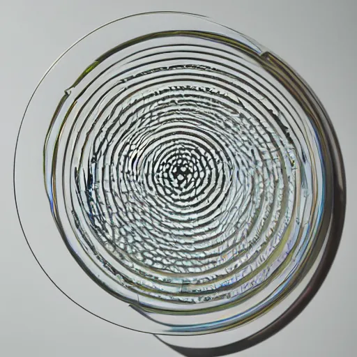 Image similar to a sculpture of infinite concentric rings made of clear crystal casting caustics on a white table morning light