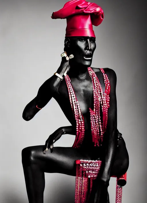 Image similar to grace jones styled by nick knight posing, set pieces, intricate set, vogue magazine, canon, highly realistic. high resolution. highly detailed. dramatic. 8 k. 4 k.