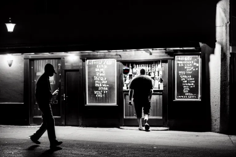 Prompt: a man walking up to a bar at night, photograph