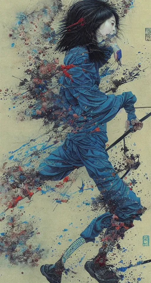 Prompt: Japanese schoolgirl runs away from Samurai with a katana on the subway, high detailed Beksinski painting, part by Adrian Ghenie and Gerhard Richter. art by Takato Yamamoto. masterpiece, deep colours, blue