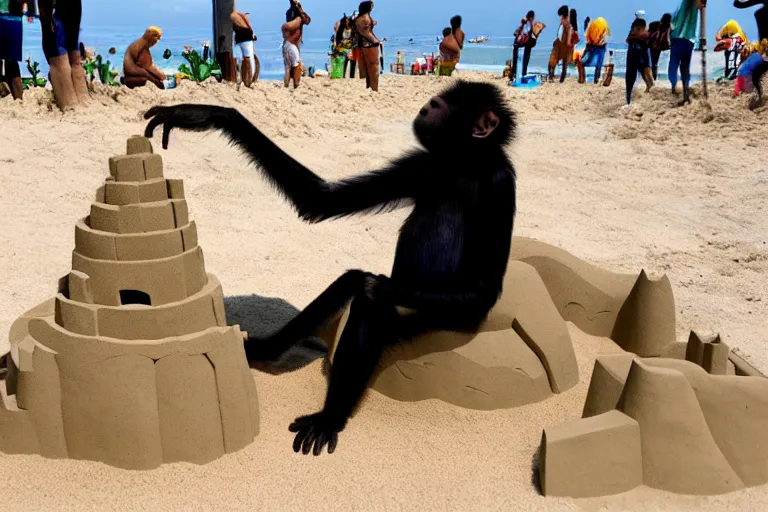 Image similar to a monkey touching a completed sand castle