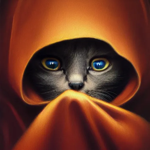 Image similar to a portrait of a kitten wearing a black hood, cloak covering face, anatomically correct, beautiful perfect face, enigmatic, oil painting, matte, black background, Volumetric dynamic lighting, Highly Detailed, Cinematic Lighting, Unreal Engine, 8k, HD, by Beksinski