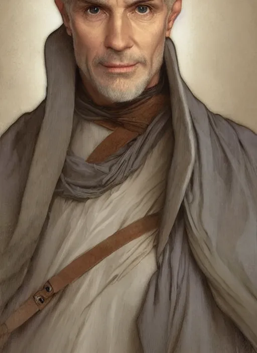 Image similar to a man aged 4 0 with blonde hair and hazel eyes and a friendly expression. he is clean shaven and wearing a grey cloak. head and shoulders portrait painting by artgerm and greg rutkowski and alphonse mucha.