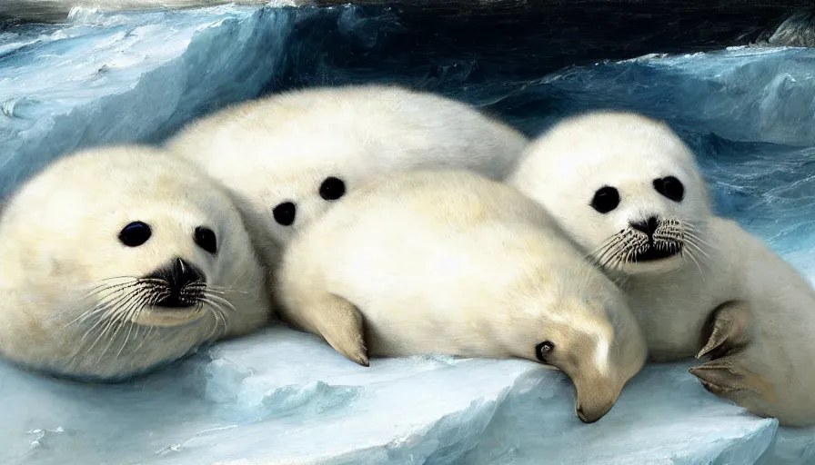 Image similar to highly detailed painting of cute furry white baby seals cuddling into each other on an iceberg by william turner, by greg rutkowski, by william constable, thick brush strokes and visible paint layers, 4 k resolution